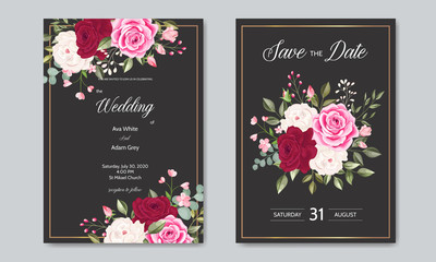 wedding invitation card template set with beautiful floral leaves