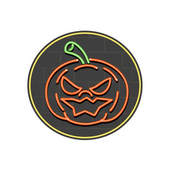 Retro style illustration showing a 1990s neon sign light signage lighting of Halloween jack-o-lantern pumpkin grinning, laughing on black brick wall  set inside circle on isolated background.