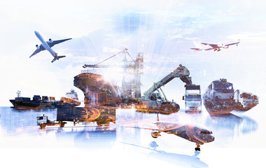 The double exposure image of the city overlay with Logistics and transportation of Container Cargo ship and Cargo plane