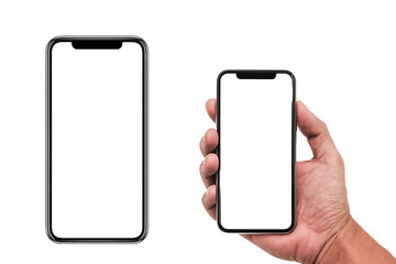 Smartphone similar to iphone 11 pro max with blank white screen for Infographic Global Business Marketing Plan , mockup model similar to iPhonex isolated Background of ai digital investment economy. - obrazy, fototapety, plakaty