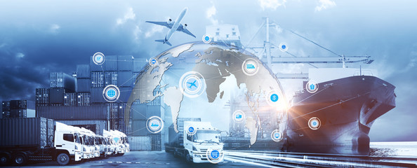 Smart technology concept with global logistics partnership Industrial Container Cargo freight ship, internet of things Concept of fast or instant shipping, Online goods orders worldwide - obrazy, fototapety, plakaty