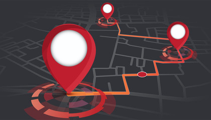 gps pins showing on street map with route tracking.vector illustration