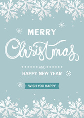 Christmas winter background. White  snowflake on light blue background. Cartoon style. Merry Christmas and Happy New Year card. Vector illustration. 