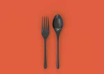 3d illustration of black fork and spoon isolated on orange background. Mockup template of utensils for serving