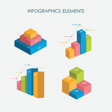 Bar Chart 3D Infographics Elements Vector Set, Flat Design, Full Color, Template