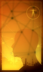 Profile of the head of a man. Mental health relative brochure, report or flyer design template. Scientific medical designs. Molecule and communication background. Connected lines with dots.