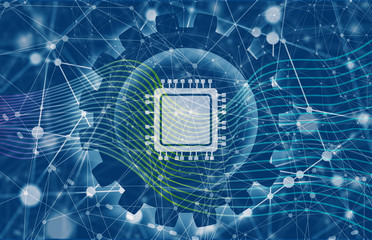 CPU Microprocessor flat style icon. Molecule And Communication Background. Connected lines with dots. White gear with shadows. Shallow depth of field