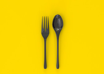 3d illustration of black fork and spoon isolated on yellow background. Mockup template of utensils for serving