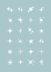 Fototapeta na wymiar Vector set of white sparkles. Collection of star sparkles symbol. Design on light blue background.