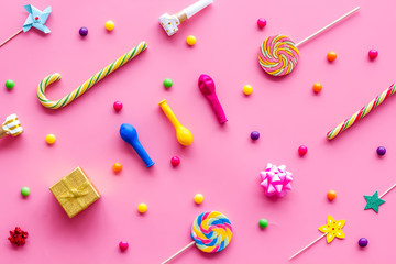 party time pattern with decorations on pink background top view