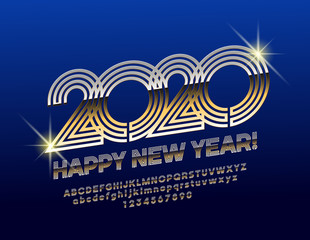 Vector chic Greeting Card Happy New Year 2020. Glossy Alphabet Letters, Numbers and Symbols. Golden rotated Font.