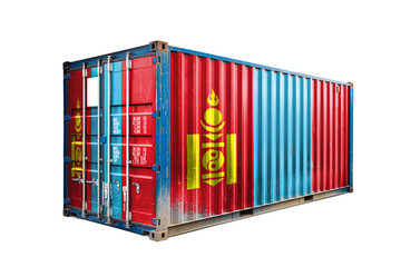  The concept of  Mongolia export-import, container transporting and national delivery of goods. The transporting container with the national flag of Mongolia, view front