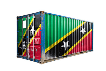  The concept of  Saint Kitts and Nevis export-import, container transporting and national delivery of goods. The transporting container with the national flag of Saint Kitts and Nevis, view front
