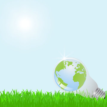 Earth in  light bulb on green grass, environmental energy saving concept vector illustration