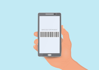 Hand holding smartphone with barcode on screen, barcode payment technology concept vector illustration