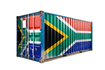  The concept of  South African Republic export-import, container transporting and national delivery of goods. The transporting container with the national flag of South African Republic, view front