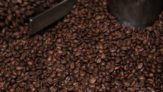 Close-up shot of dark coffee beans mixing in cooler. Mixing roasted coffee
