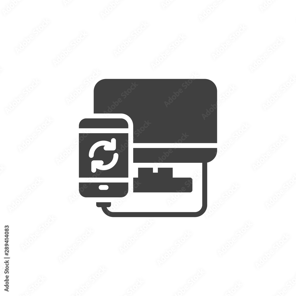 Poster mobile phone synchronize with computer vector icon. filled flat sign for mobile concept and web desi