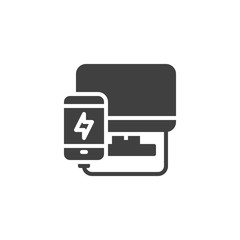 Mobile phone plugged and charging from computer vector icon. filled flat sign for mobile concept and web design. Smartphone repair glyph icon. Symbol, logo illustration. Vector graphics