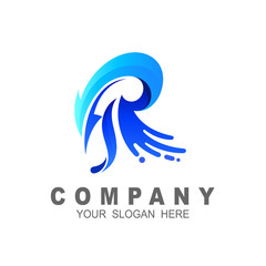 Logo letter r with swoosh icon, logo design vector, blue 