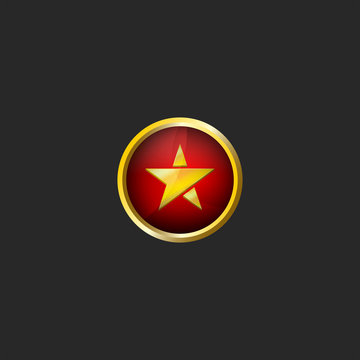 Gold star logo in a golden frame on a red background, round 3d icon in the colors of the flag of Vietnam