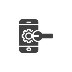 Mobile service vector icon. Smartphone with gear and wrench filled flat sign for mobile concept and web design. Phone repair glyph icon. Symbol, logo illustration. Vector graphics
