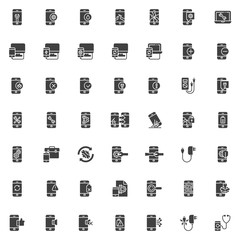 Mobile repair service vector icons set, modern solid symbol collection, filled style pictogram pack. Signs, logo illustration. Set includes icons as screen protector glass, mobile phone broken display