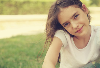 Outdoor close up portrait of teen 12 years old girl - 289416614