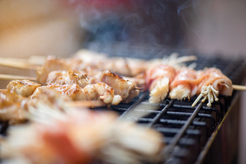 Bacon mushroom gold needle and grilled chicken and pork on the stove with smoke in the celebration. 