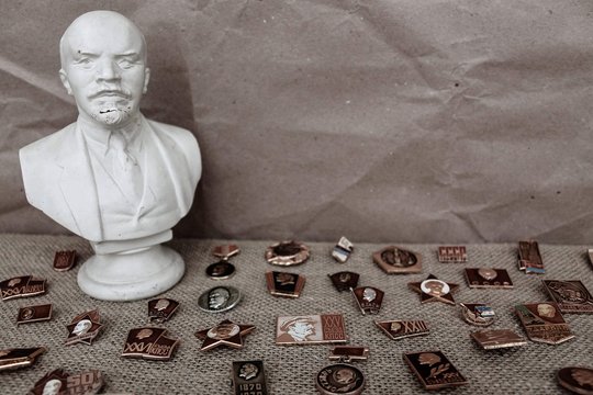 Bust of Lenin and badges with communist symbols