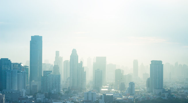 Skyscraper Day Concept: Abstract Skyline Sunset Background. Bangkok City, Thailand Asia