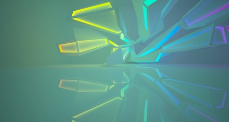 Abstract architectural white interior of a minimalist house with color gradient neon lighting. 3D illustration and rendering.