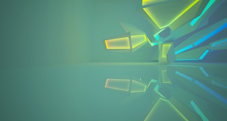 Abstract architectural white interior of a minimalist house with color gradient neon lighting. 3D illustration and rendering.