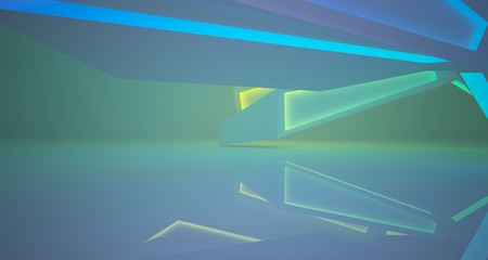 Abstract architectural white interior of a minimalist house with color gradient neon lighting. 3D illustration and rendering.