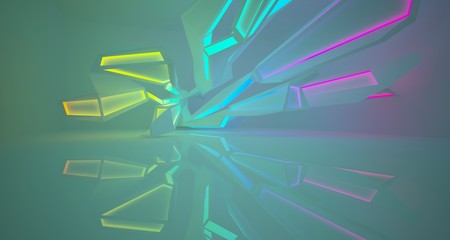 Abstract architectural white interior of a minimalist house with color gradient neon lighting. 3D illustration and rendering.