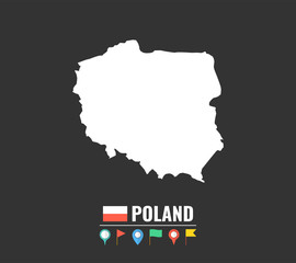 High detailed vector map of Poland. Name country, flag and pointer set. Flat vector illustration.