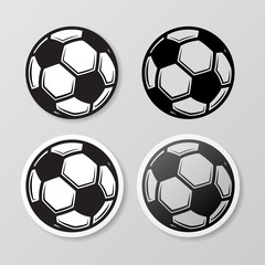 Set of four black soccer stickers isolated on gray background