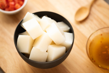 Tofu Jelly in bowl on wooden background