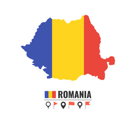 High detailed vector map of Romania. Name country, flag and pointer set. Flat vector illustration.