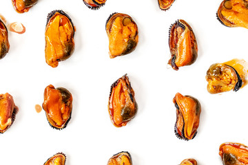 Creative layout made of Mussels isolated on white background. Seafood Pattern .