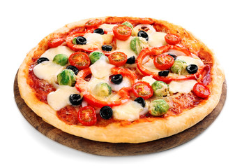 Delicious pizza with cheese and vegetables isolated on white