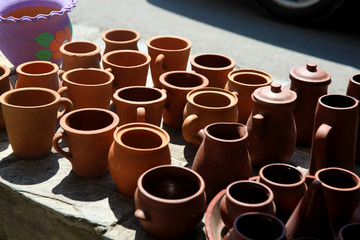 Traditional Azerbaijan handmade clay pots from Sheki at the market 