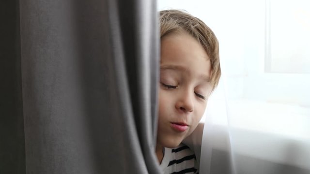 European child playing hide and seek. A cute little boy looks out, looks at the camera and laughs. Happy child.
