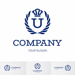 Illustration of Luxury Vintage Crest Logo with letter U in the Middle and Luxury Crown. Calligraphic Royal Emblems and Elements Logo Icon Template on White Background