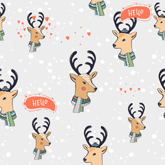 Naklejka premium Seamless hand drawn pattern with new year deer. background. vector . deer in a hat with a scarf. snowflakes.New Year wallpapers,printing fabric wrapping paper
