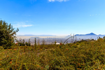 Panoramic view of Santiago's pollution from Bahai Temple in Chile.