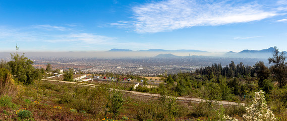 Panoramic view of Santiago's pollution from Bahai Temple in Chile.