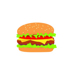 Delicious hamburger with tomato, lettuce, and cheese on white backgroung.