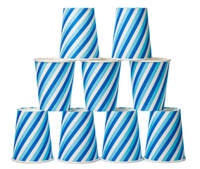 Obraz premium Cardboard cups decorated with blue lines pattern isolated on white background
