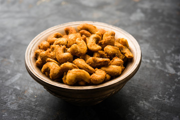 Kaju Pakoda/pakora OR Cashew Nut Fritters or bhajji, is a tasty snack from India, served as Chakna